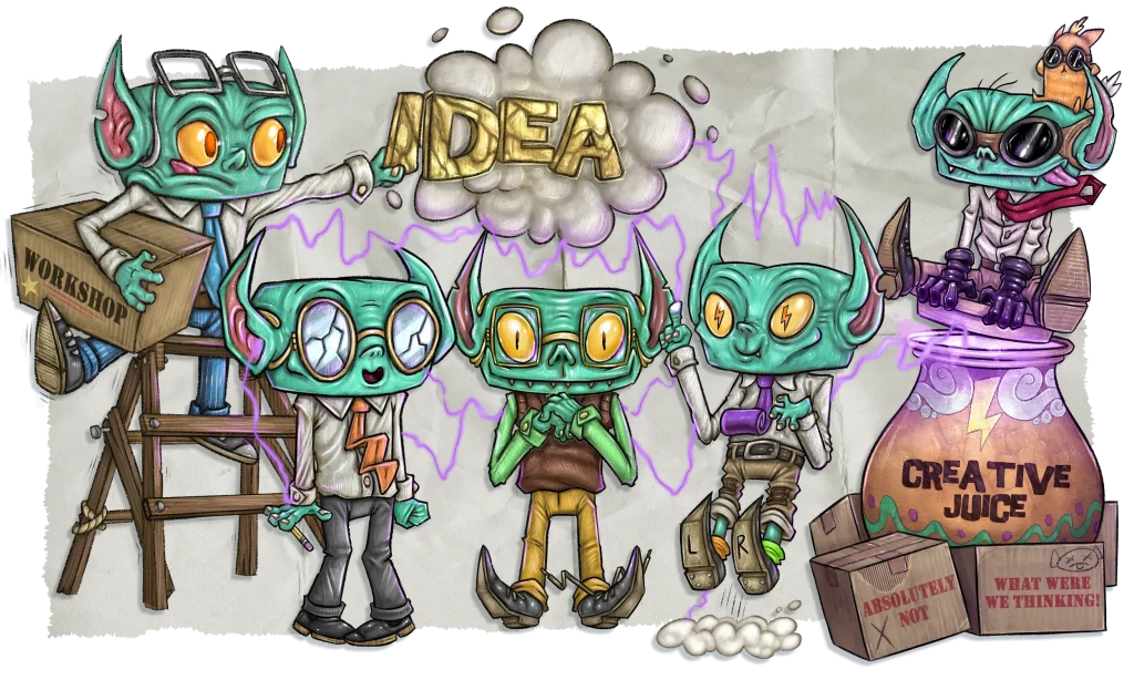An illustration of three gremlins being shocked by creative energy