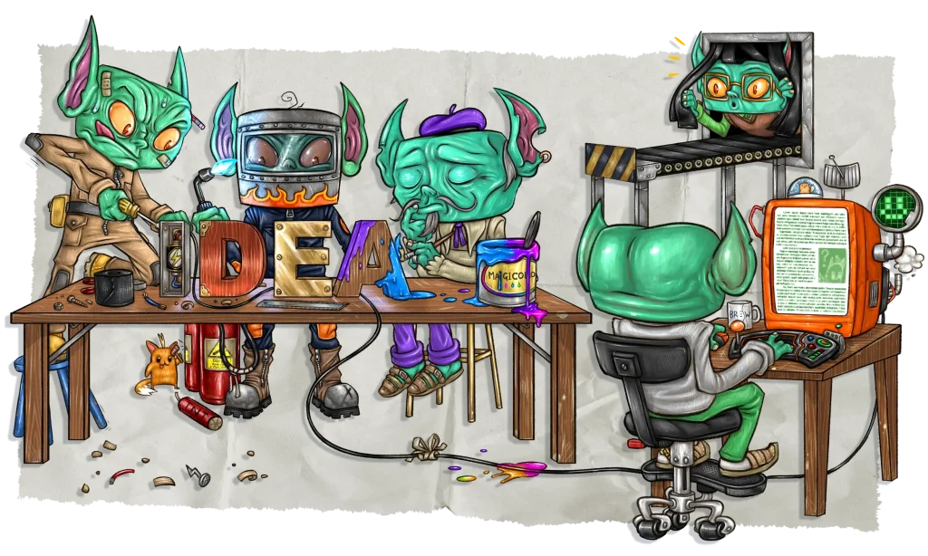 An illustration of several gremlins working hard on a project