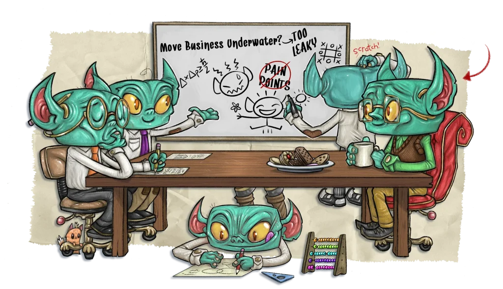 An illustration of gremlins consulting with another gremlin who wants to grow their business